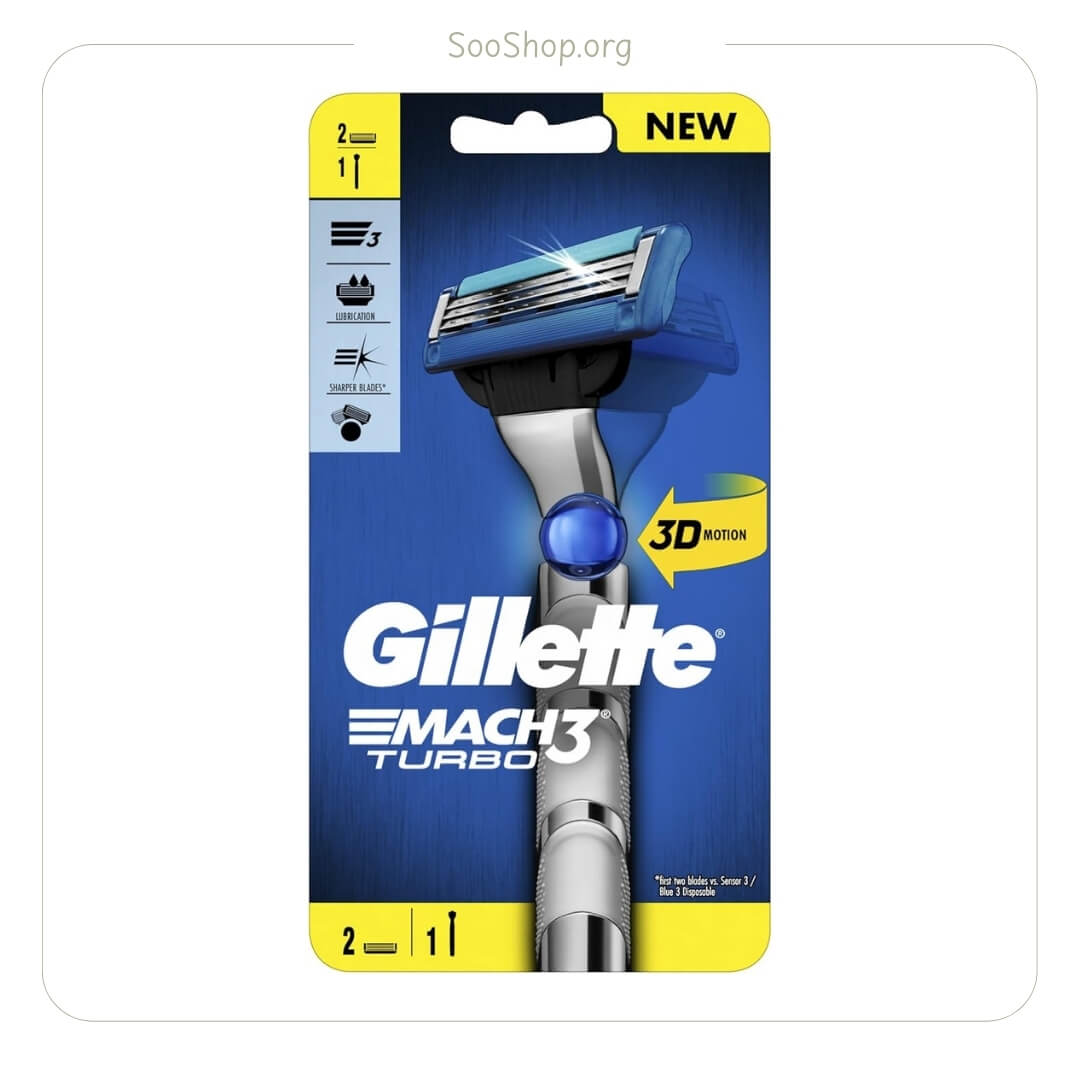 دسته خودتراش ژیلت مدل Mach 3 Turbo همراه 2 یدک (اصل) | Gillette Mach 3 Turbo Razor Handle + 2 Refills