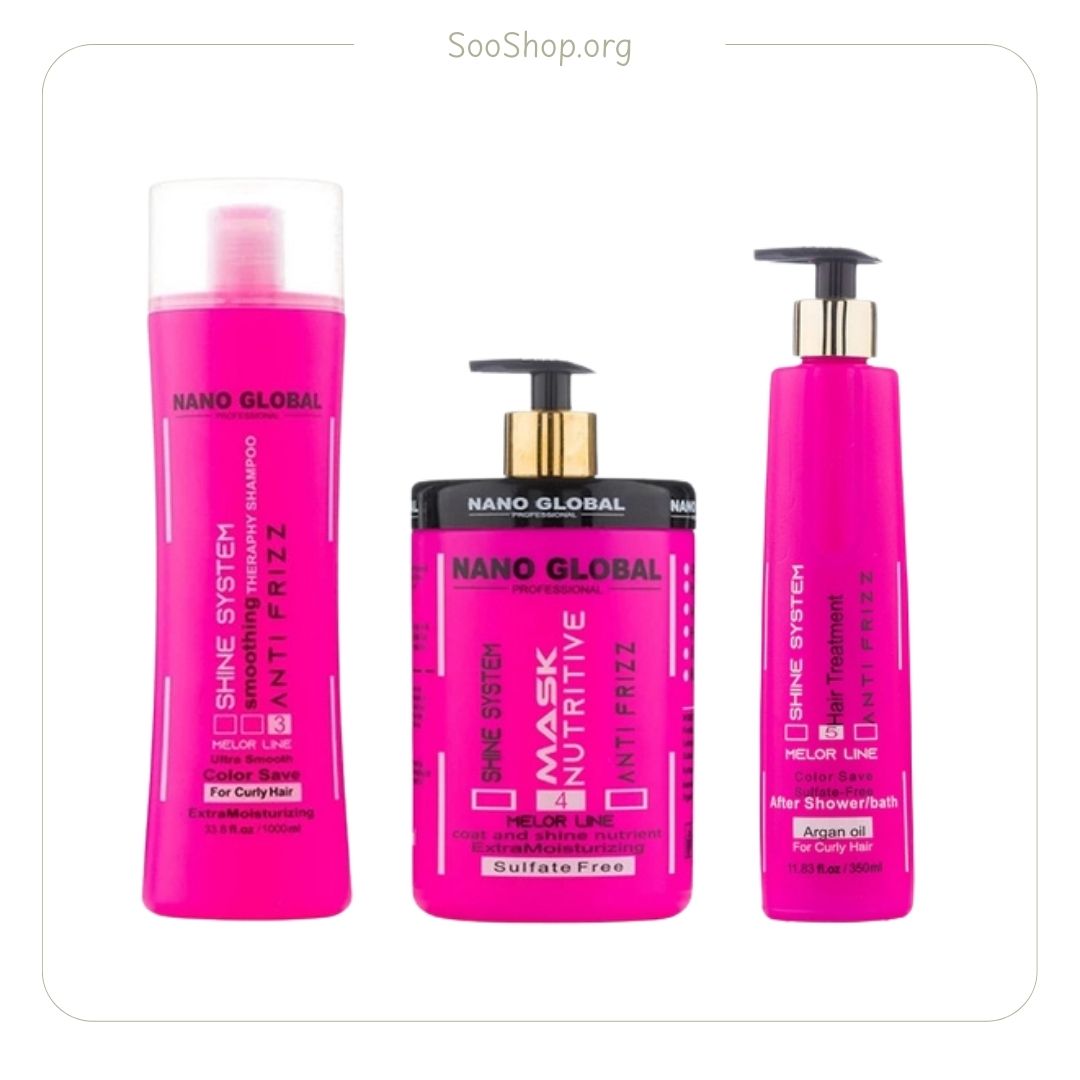 ست مراقبت مو نانوگلوبال NanoGlobal صورتی (موی فر) مدل Shine System – Shampoo + In-Shower Mask + Leave-In Mask (اصل)