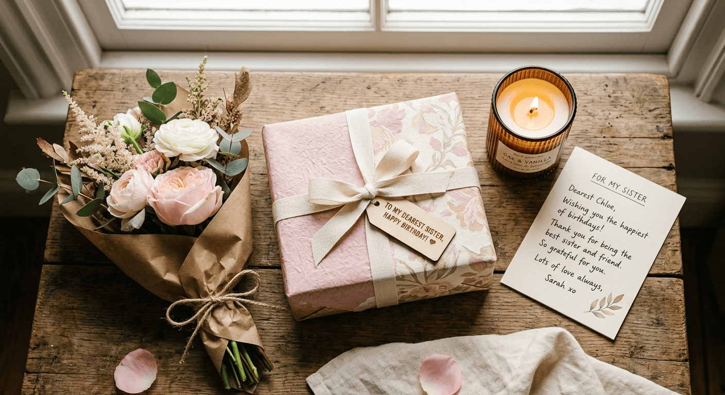 جعبه هدیه تولد برای خواهر همراه با کارت تبریک و گل